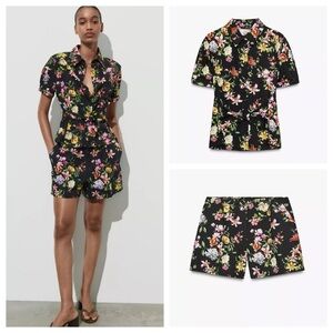 Zara Floral Print Top And Shorts Set